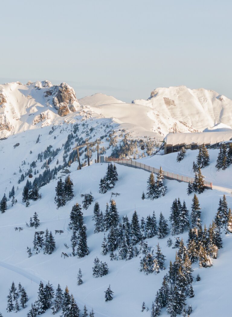 Verschneite Berge mit Skipiste, Bäumen und Sessellift bei Sonnenaufgang | © Grossarler Bergbahnen GmbH & Co KG